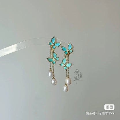 Tian-Tsui Butterfly tassel pearl earrings Hanfu accessories