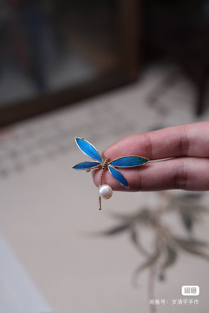 Peacock Feather Imitation Tian-Tsui Dragonfly Brooch Hanfu Cheongsam Accessories