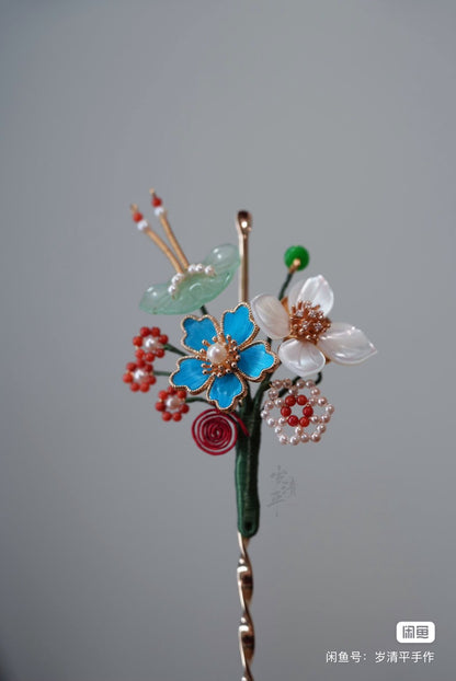 Tian-Tsui Pearl Natural Stone Multi-Treasure Tassel Hairpin Hanfu Accessories