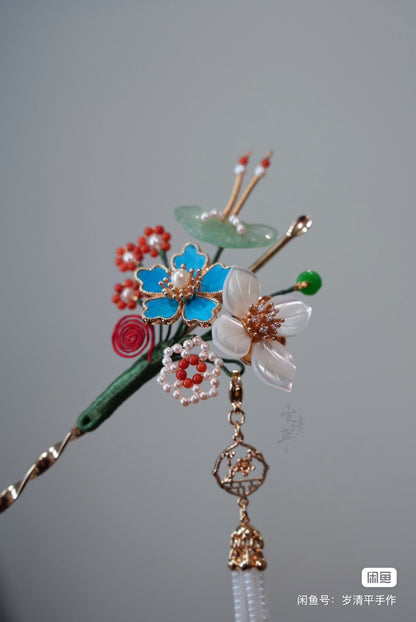 Tian-Tsui Pearl Natural Stone Multi-Treasure Tassel Hairpin Hanfu Accessories